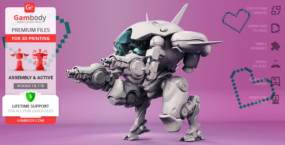 A detailed 3D model of D.Va's mech from Overwatch, designed for 3D printing, on a pink background.