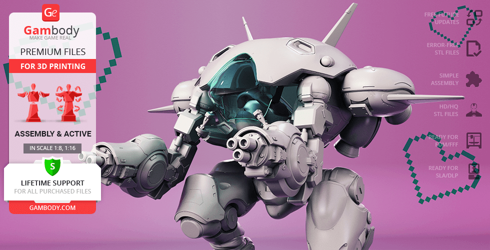 A detailed 3D model of D.Va's mech from Overwatch, ready for 3D printing, shown against a purple background.