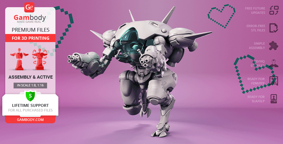 A detailed 3D model of D.Va's mech from Overwatch, ready for 3D printing, displayed on a pink background.
