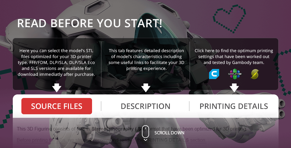 D.Va's Mech model with buttons for source files, description, and printing details for 3D printing.
