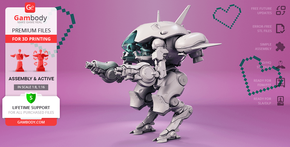 3D model of a futuristic mech robot, ready for 3D printing, displayed on a pink background.