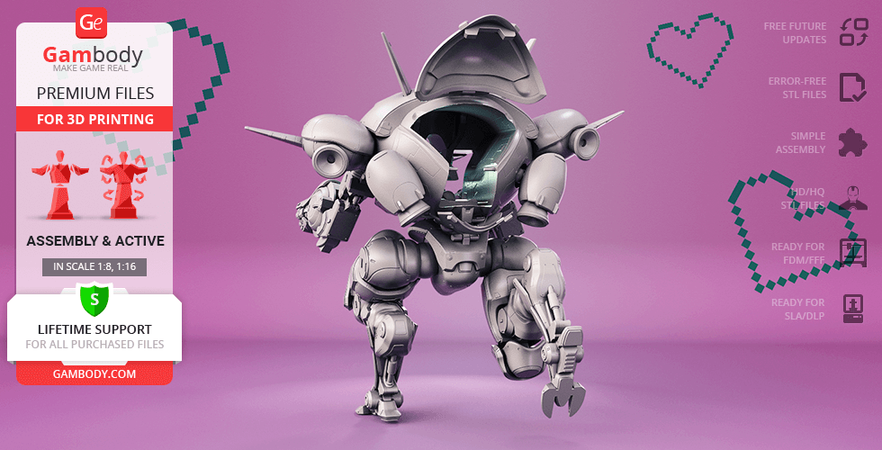 A 3D model of a detailed mech suit from Overwatch, designed for printing. It’s posed dynamically on a purple background.