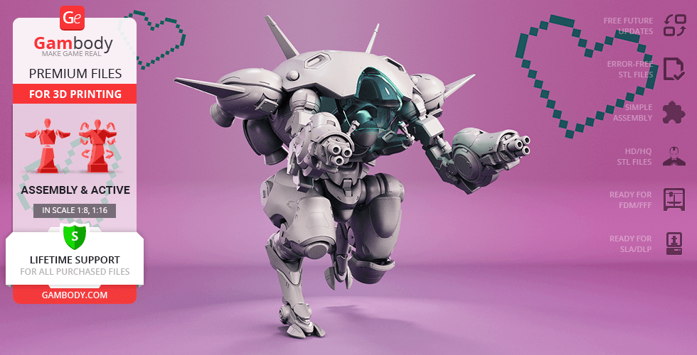 A detailed 3D print model of D.Va’s mech from Overwatch on a purple background with heart graphics.