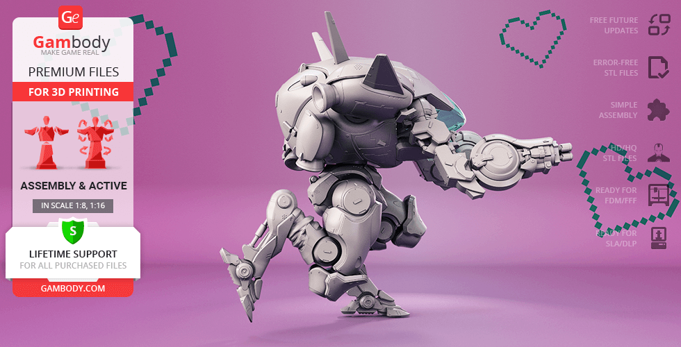 A detailed 3D model of a sci-fi mech from Overwatch, designed for 3D printing, on a purple background.