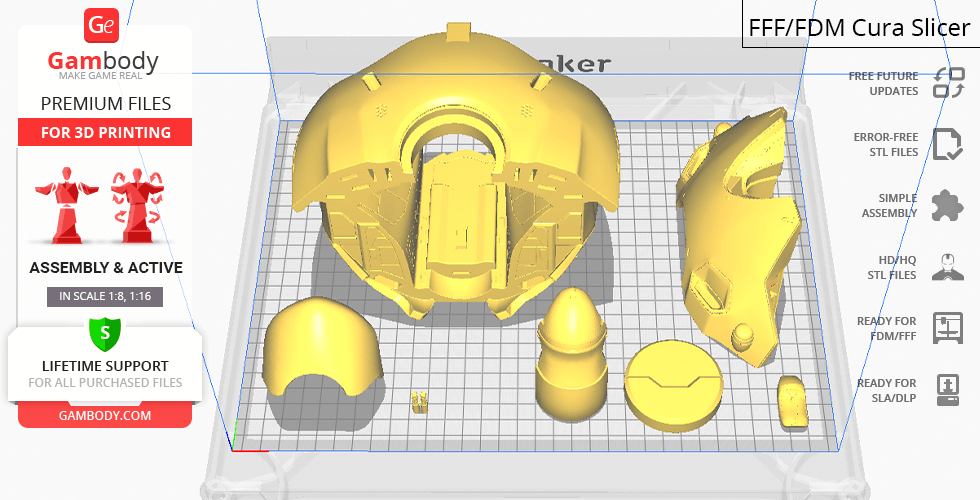 3D model parts of D.Va's Mech from Overwatch on a Cura slicing software interface.