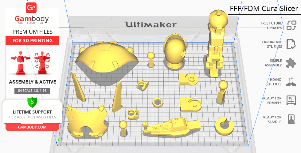 Multiple parts of D.Va's Mech model for 3D printing displayed in a Cura slicer preview.