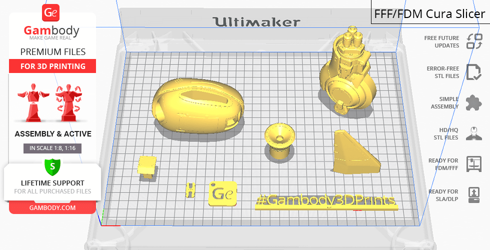 3D printing layout of D.Va's mech parts from Overwatch, displayed in a Cura slicer on Gambody.