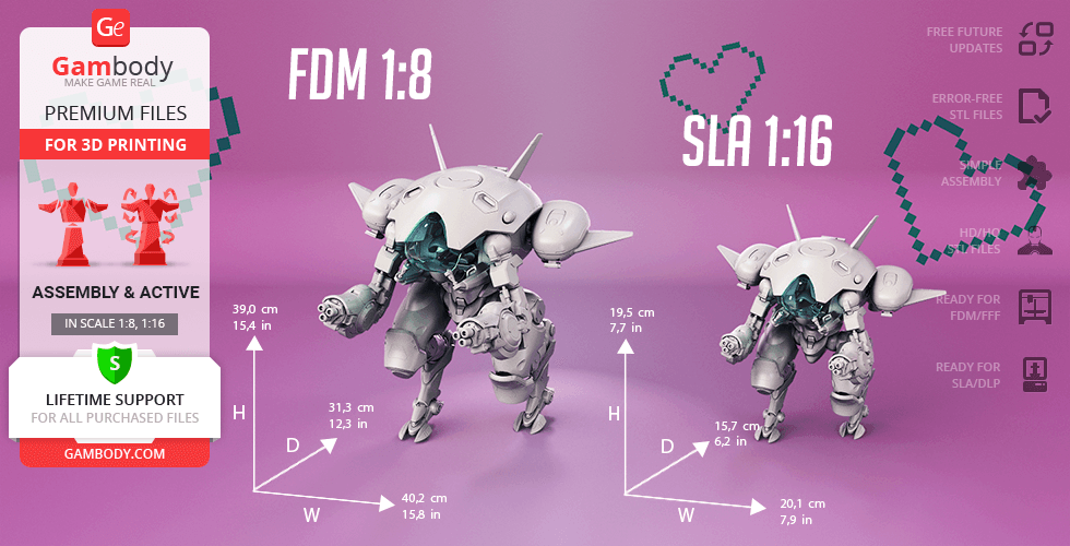 Two 3D models of D.Va’s mech from Overwatch, scaled at 1:8 and 1:16, on a purple background.