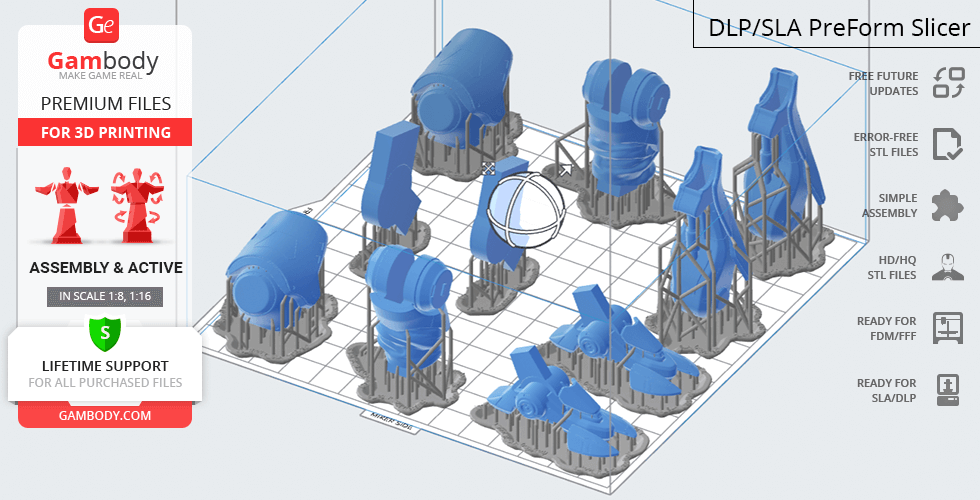 Blue 3D printable STL parts of D.Va’s Mech from Overwatch on a grid layout by Gambody.