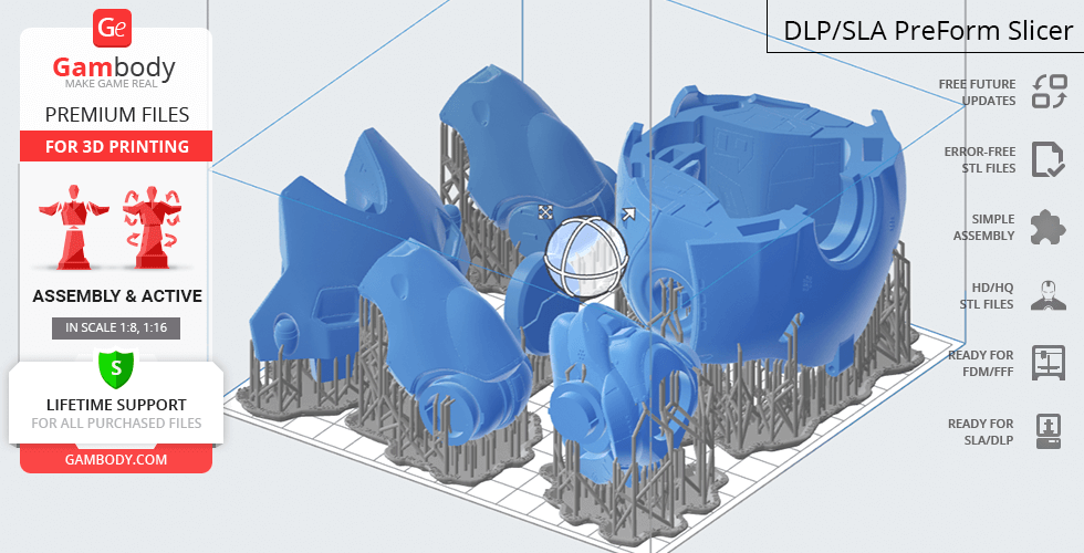 3D model of D.Va's Mech from Overwatch prepared for printing, split into sections with supports.