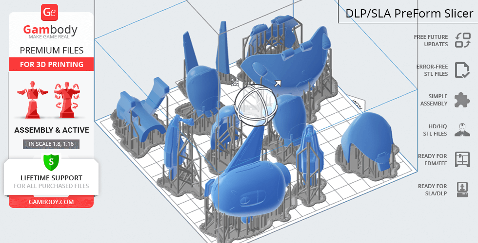 3D model components of D.Va's mech from Overwatch, displayed on a virtual print bed for 3D printing.