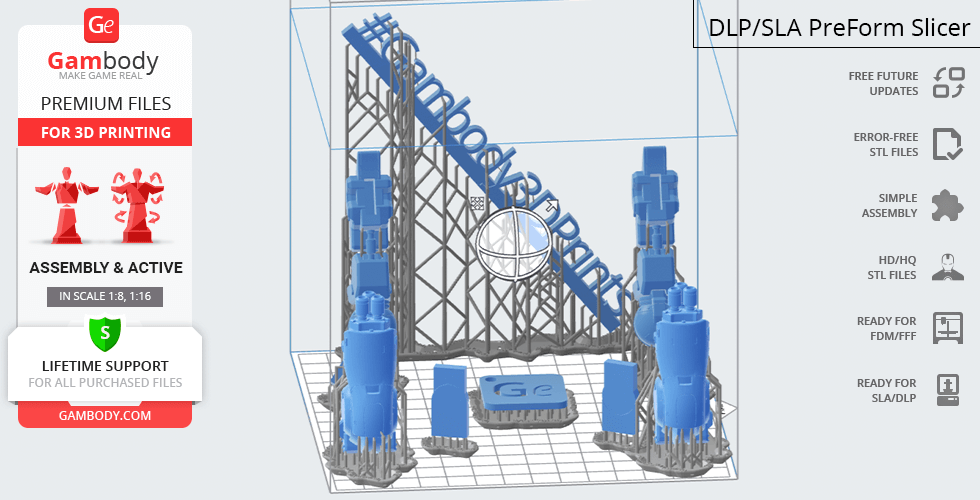 3D model of Overwatch D.Va's mech parts arranged for printing with support structures in slicer software.
