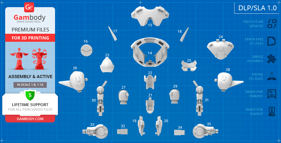 STL assembly parts for 3D printing a mech model, displayed on a blueprint-style background.