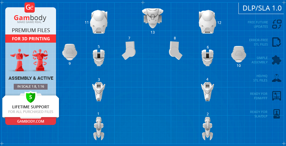 Blueprint layout of D.Va's Mech parts for 3D printing, labeled 1 to 13 on a grid background.