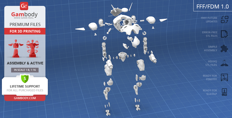 Exploded view of Overwatch D.Va’s Mech 3D model parts on a blueprint background.