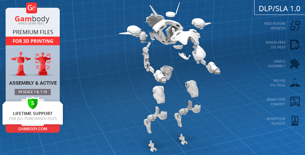 3D model of D.Va's Mech from Overwatch, featuring detailed parts for assembly, displayed on a grid background.