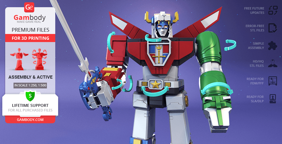 Retro Voltron 3D model with colored armor and sword, ready for 3D printing, featured by Gambody.