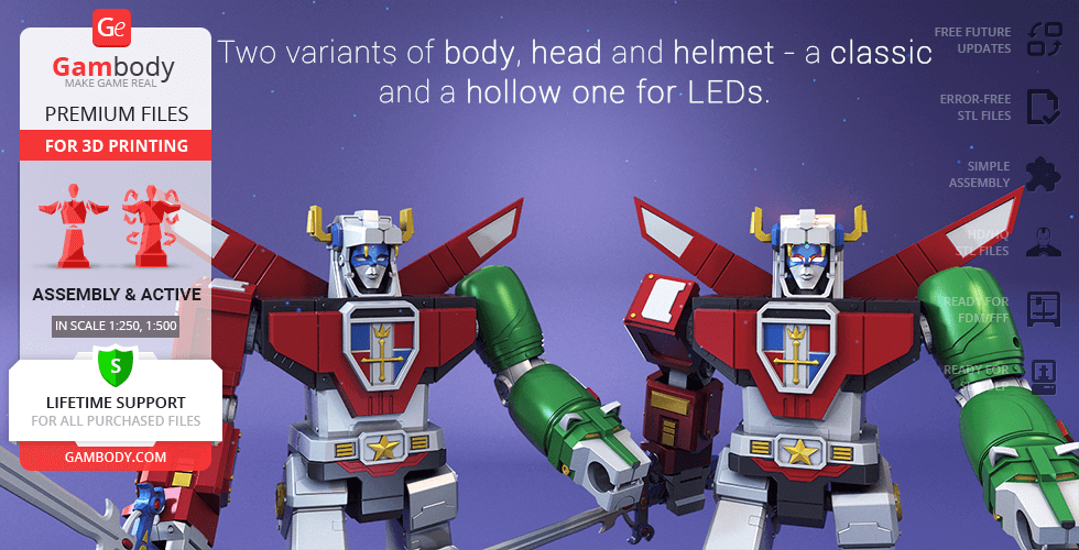 Two Voltron robot models with detailed armor and helmets, suitable for 3D printing.