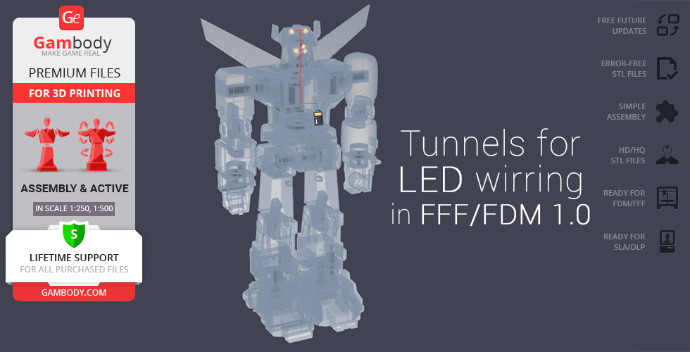 Transparent 3D model of Voltron with LED wiring tunnels, promotional Gambody text on the left.