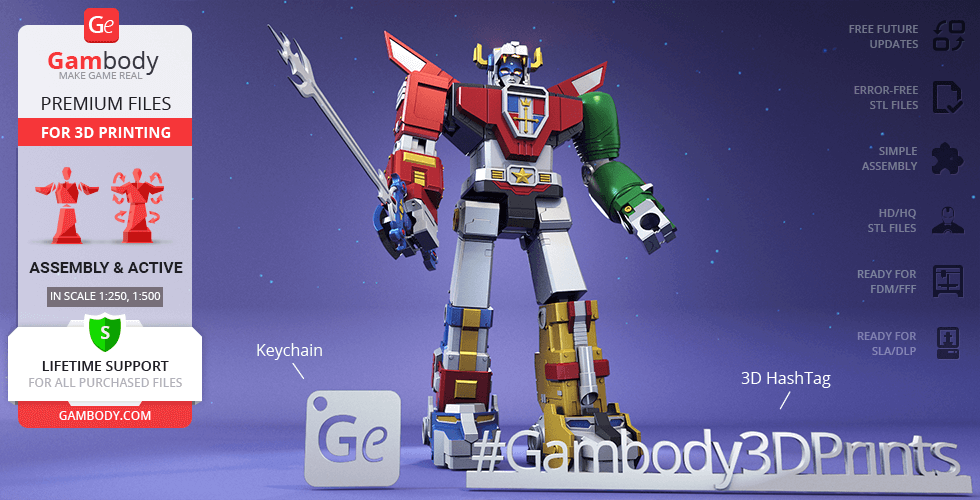 A colorful 3D-printed model of Voltron stands on a promotional Gambody display with print size details.