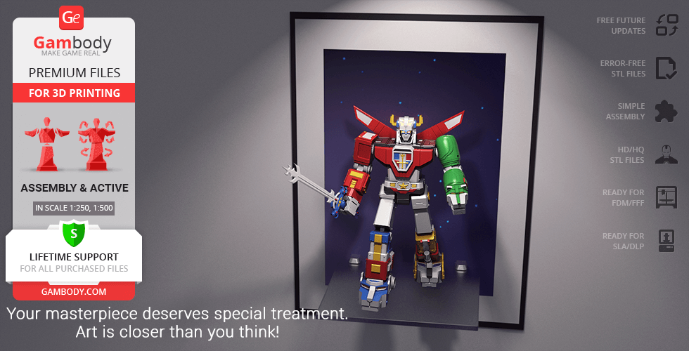 3D model of Voltron robot with sword, ready for printing, displayed in a framed image on a wall.