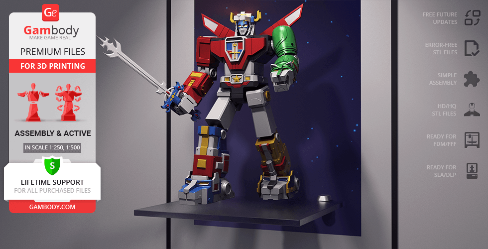 A detailed 3D model of Voltron from 1984, posed with a sword, ready for printing from Gambody.
