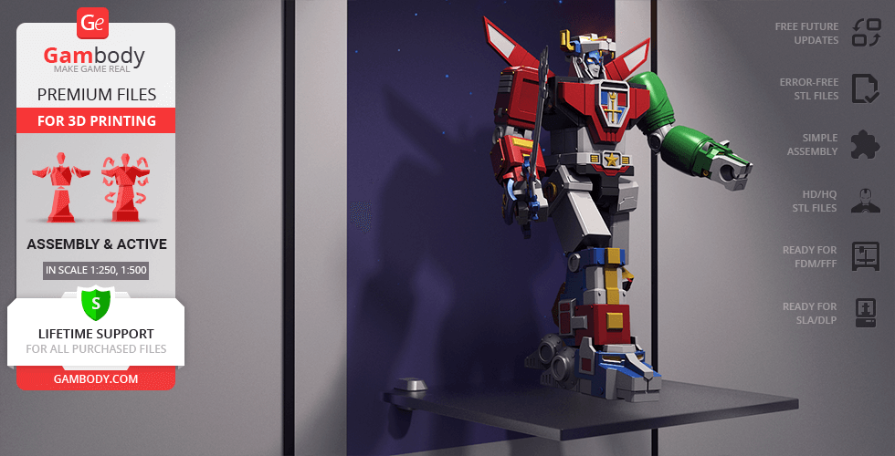 A 3D model of Voltron, a giant robot, with vibrant colors, displayed on a stand for printing services.