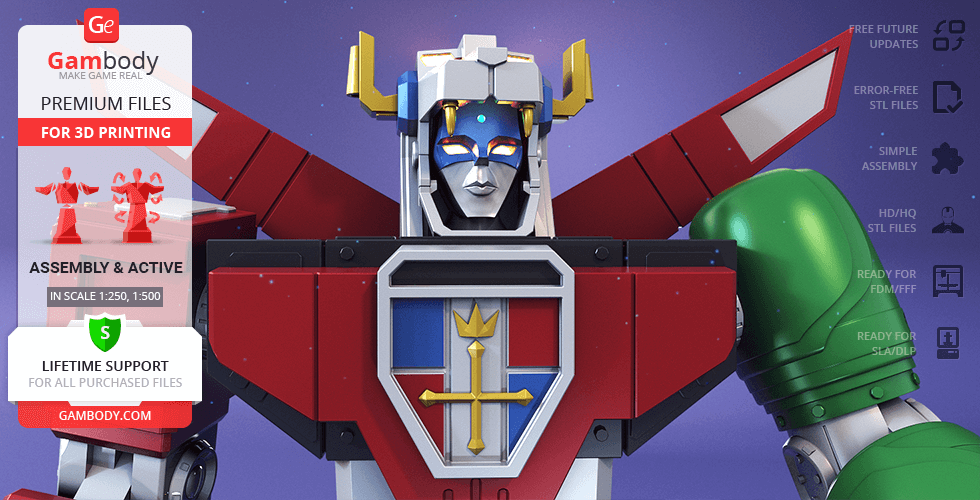 A detailed 3D model of Voltron, featuring vibrant colors and mechanical design, ready for 3D printing.