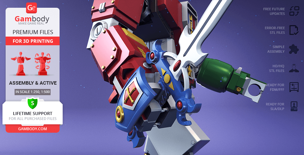 Close-up of a detailed robotic lion holding a sword, from a 3D printable Voltron model.