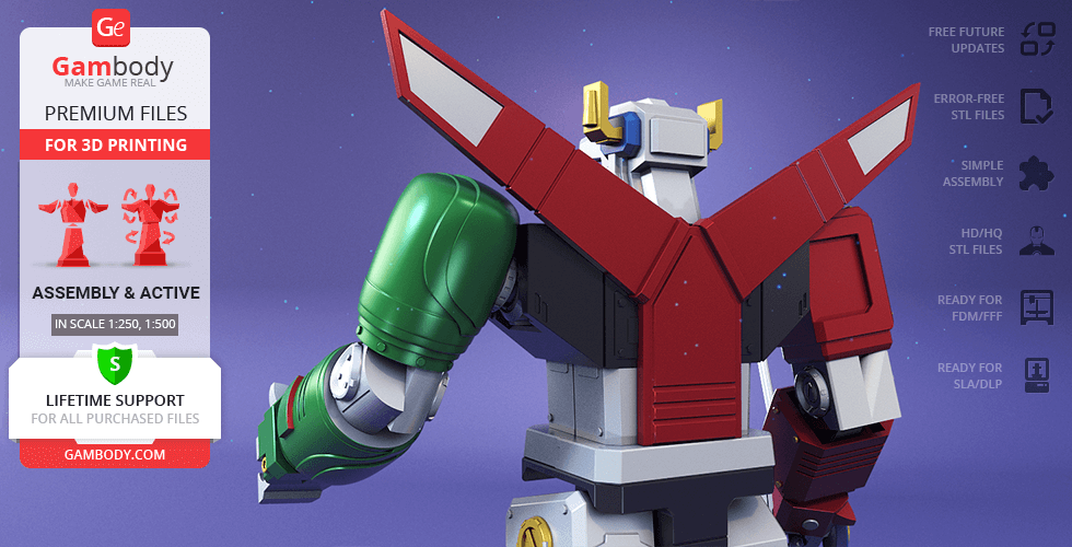 A detailed 3D model of Voltron in vibrant colors, ready for 3D printing via Gambody.