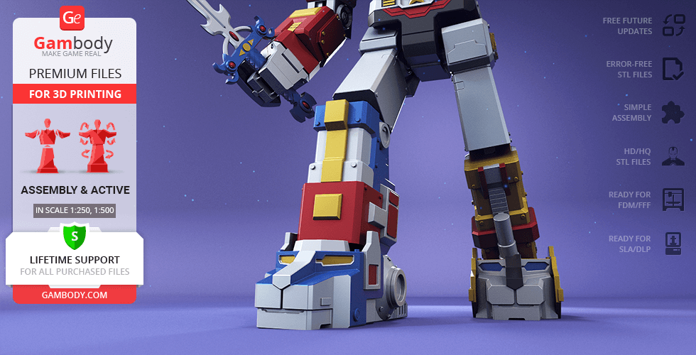 A 3D-printed Voltron robot model, focusing on its colorful leg design against a purple background.