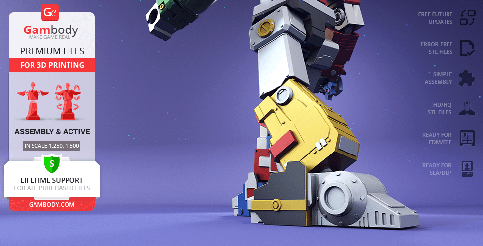 Close-up of Voltron's detailed robotic leg with promotional text for 3D printing on a purple background.