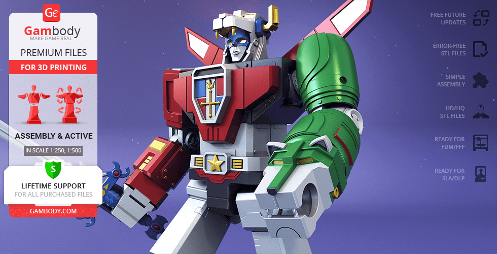 3D model of classic Voltron with colorful robotic design, available for 3D printing.