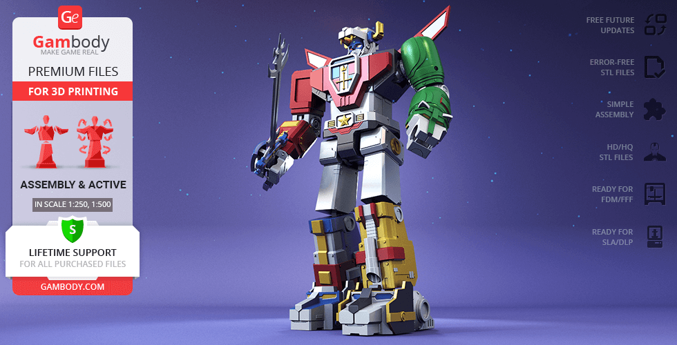 A 3D model file for printing of the classic Voltron robot, with detailed parts and vibrant colors.