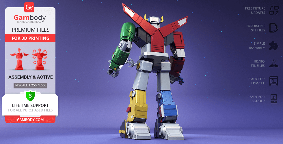 A 3D model of Voltron facing away, showcasing colorful lion limbs and parts assembled.