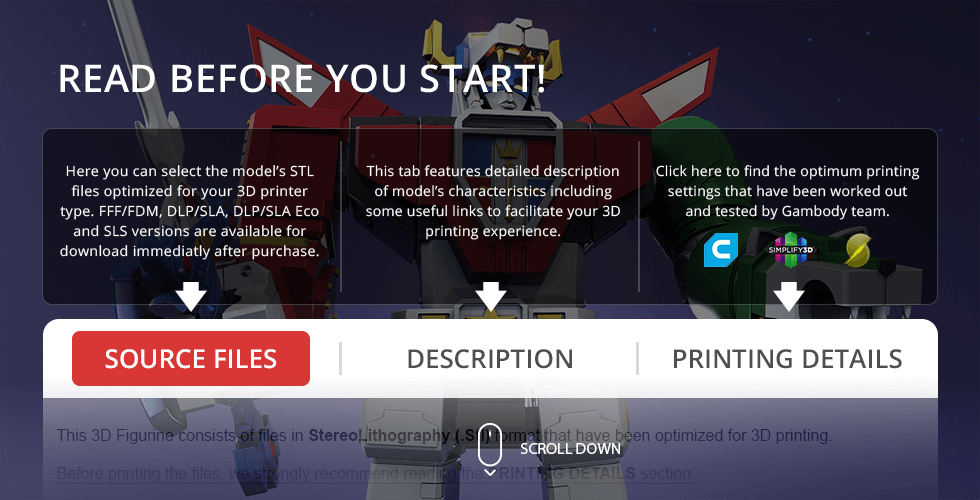 A 3D printable Voltron model with options for source files, descriptions, and printing details.