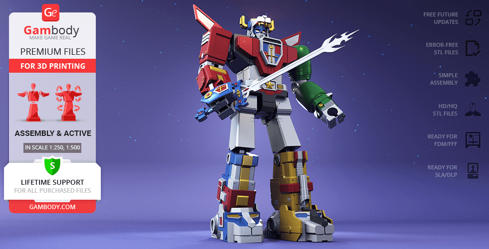 A colorful Voltron 3D model, posed heroically, with a sword, ready for 3D printing.