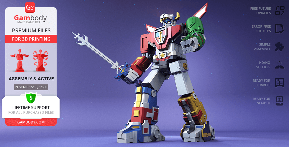 A colorful Voltron 3D model stands heroically, holding a large sword, ready for 3D printing.