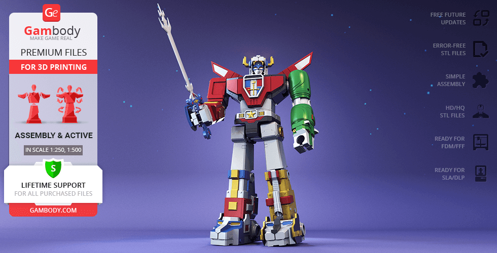 A detailed 3D model of Voltron, a giant robot with a sword, ready for 3D printing.