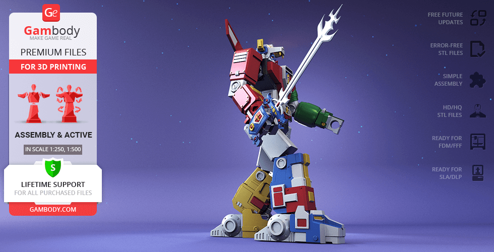 A colorful, articulated Voltron 3D model holding a lance, set against a starry purple backdrop.