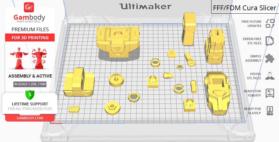 Various 3D printable STL parts for assembling a Voltron model displayed in Cura slicer software.