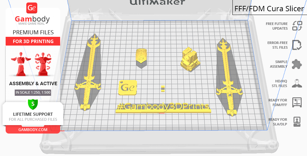 Layout of Voltron 3D model parts for printing, including swords and a shield, on a grid background.