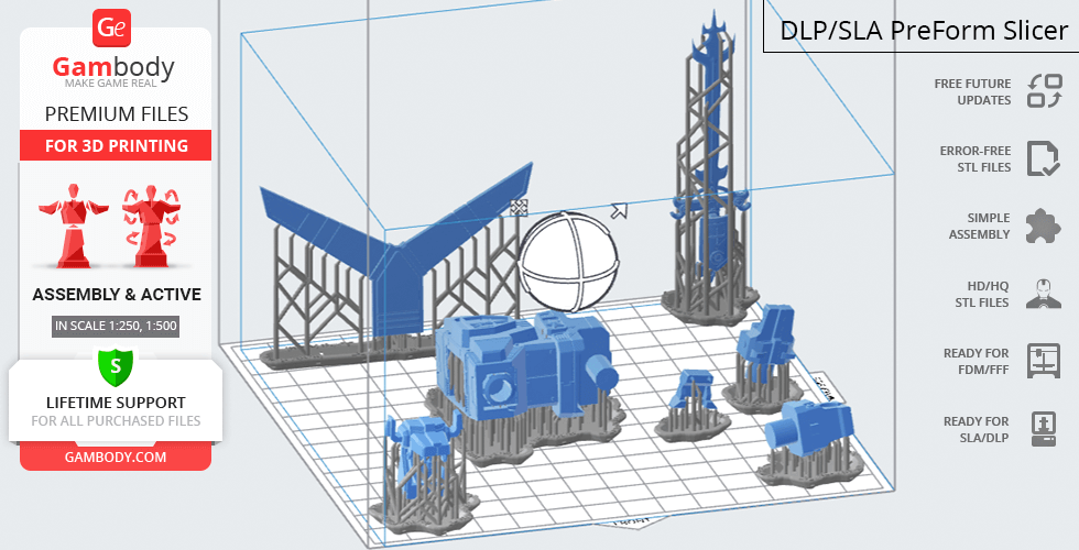 3D printing layout of Voltron (1984) parts on Gambody’s interface, featuring multiple components and support structures.