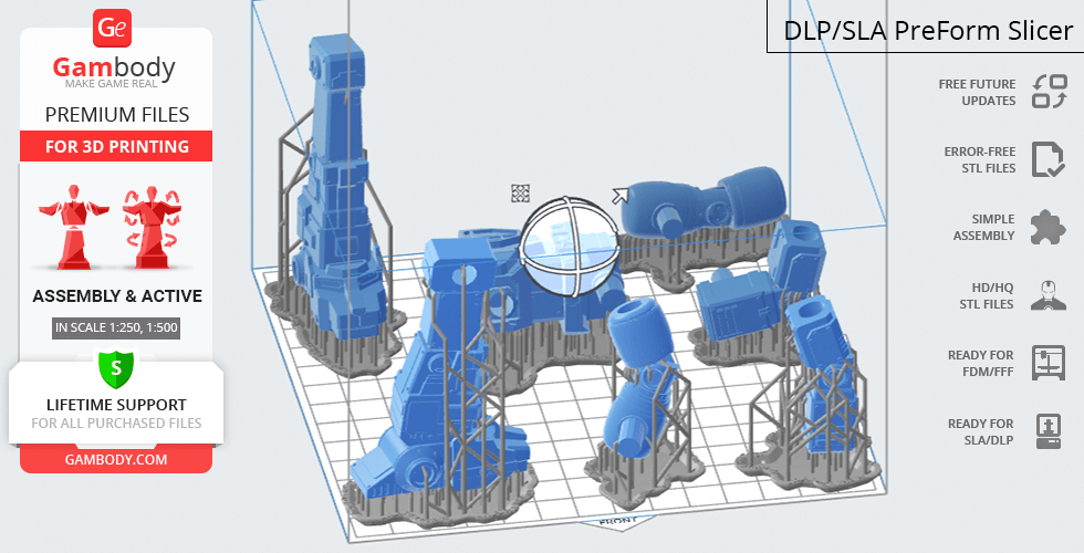 3D printer view showing STL files of Voltron parts, arranged with supports, for assembly.