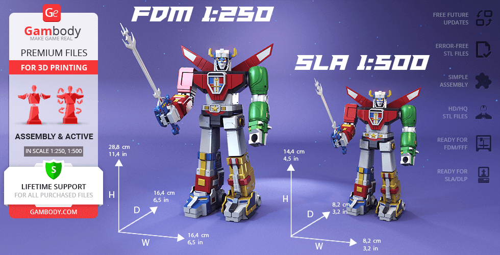Two Voltron models for 3D printing, showcasing different scales (1:250 and 1:500) with dimensions.