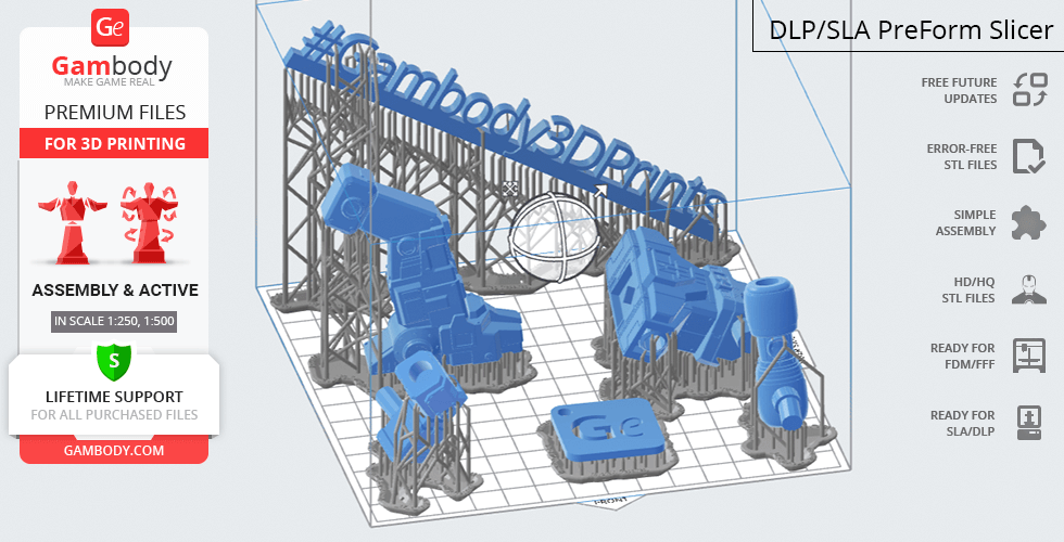 3D printing STL file parts for Voltron, displayed in blue with support structures on a virtual build plate.