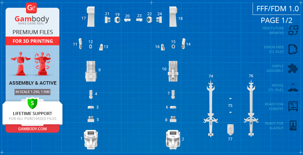 Blueprint showing labeled parts of a Voltron model for 3D printing, including swords and body components.