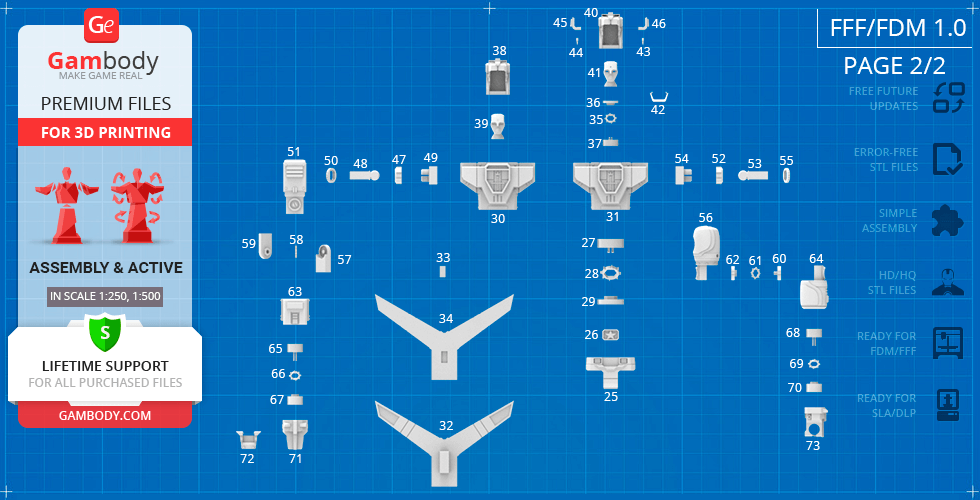 Blueprint image of Voltron 3D model parts for printing, showing detailed component layout.