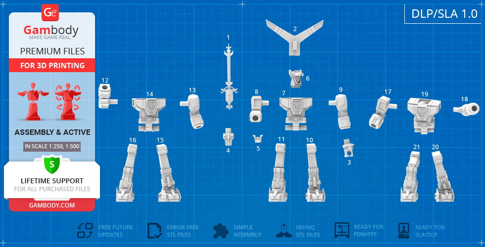 STL files for 3D printing Voltron parts, including sword, wings, limbs, and torso, arranged on blueprint background.