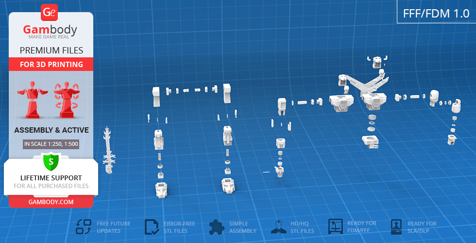 3D model parts of Voltron laid out for assembly, designed for 3D printing by Gambody.